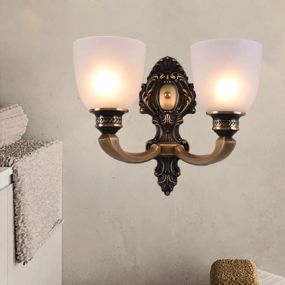 Classic Style Dome Frosted Glass Wall Mount Light Fixture With Brass Finish - 1 Or 2 Head Bedroom