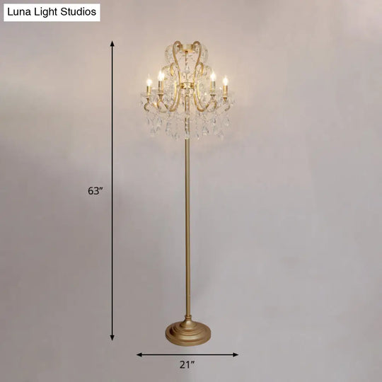 Classic Style Gold Metal Standing Floor Lamp With Crystal Strand - 5 Bulbs Scroll Frame Lighting