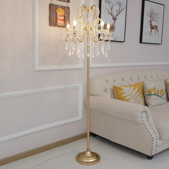 Classic Style Gold Metal Standing Floor Lamp With Crystal Strand - 5 Bulbs Scroll Frame Lighting