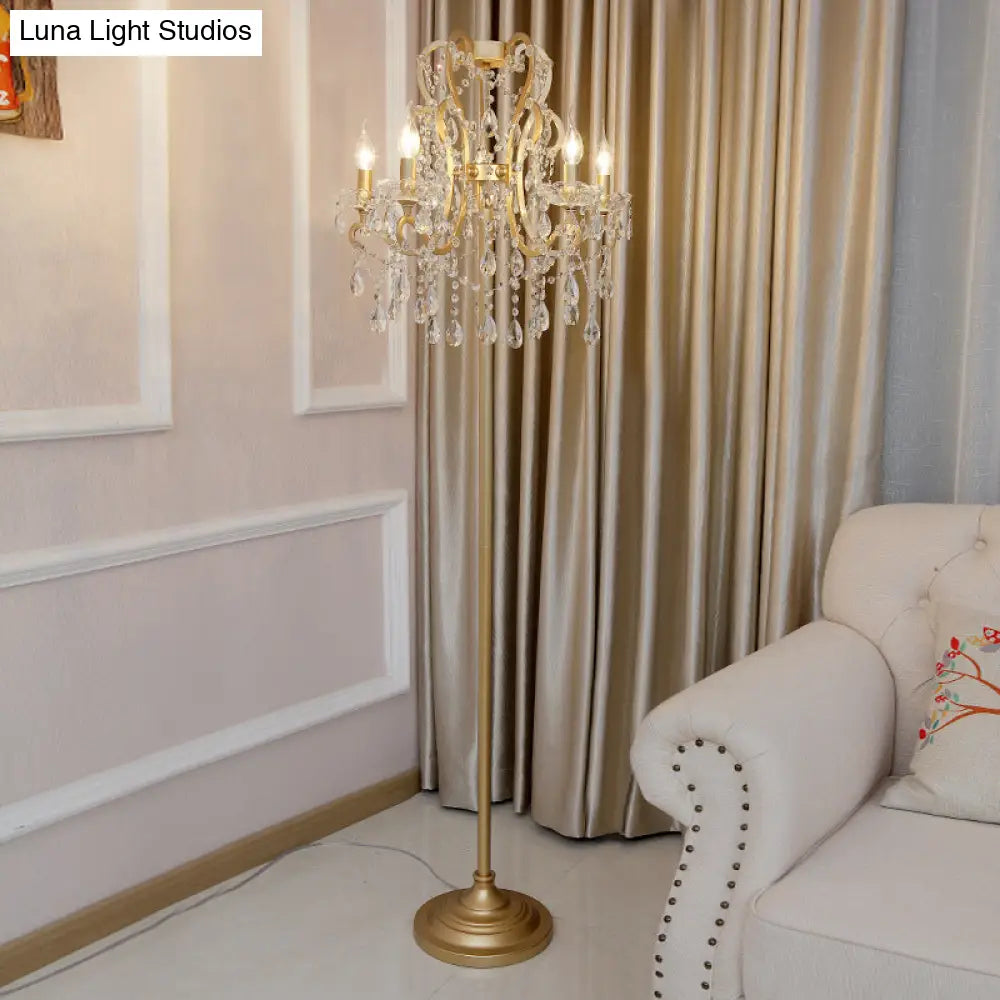 Classic Style Gold Metal Standing Floor Lamp With Crystal Strand - 5 Bulbs Scroll Frame Lighting