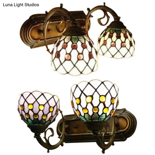 Classic Tiffany Domed Wall Sconce Lamp In Red/Yellow For Hotel With Stained Glass And 2 Bead Heads