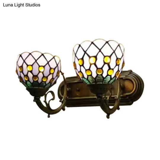 Classic Tiffany Domed Wall Sconce Lamp In Red/Yellow For Hotel With Stained Glass And 2 Bead Heads