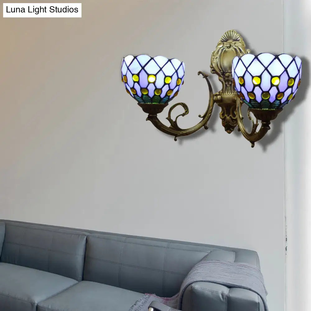 Classic Tiffany Stained Glass Domed Wall Sconce With 2 Lights - Blue Lattice Design For Bar