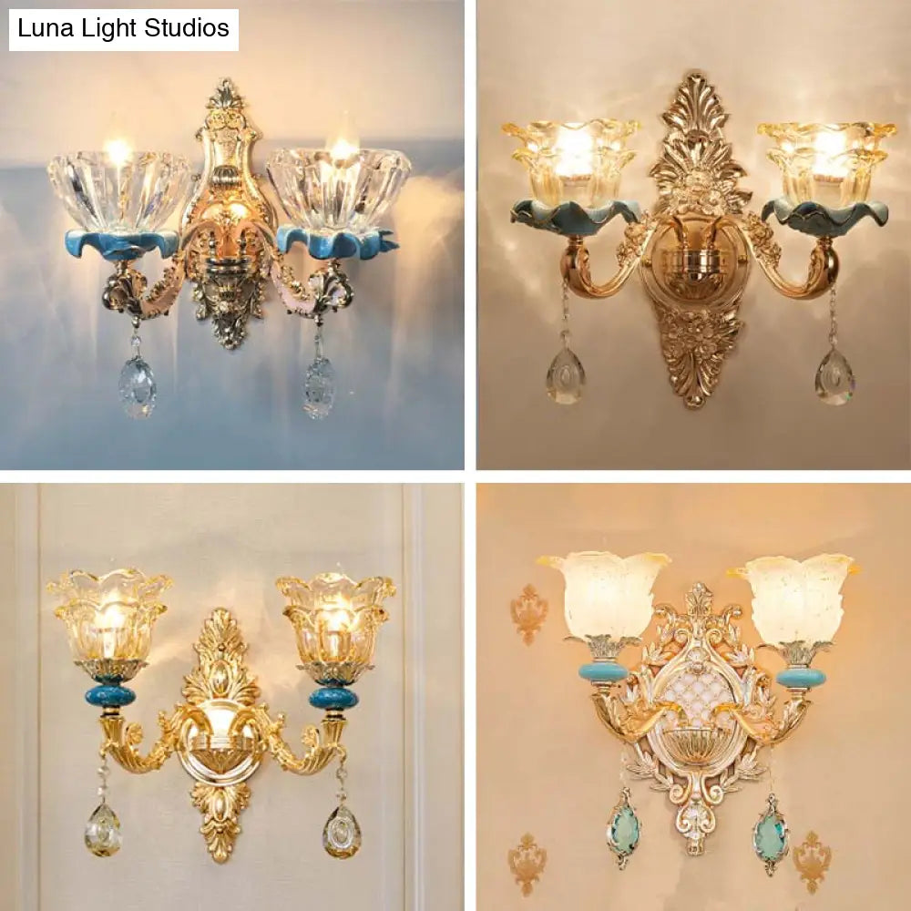 Classic Wall Light With Carved Glass Shade And Gold Finish