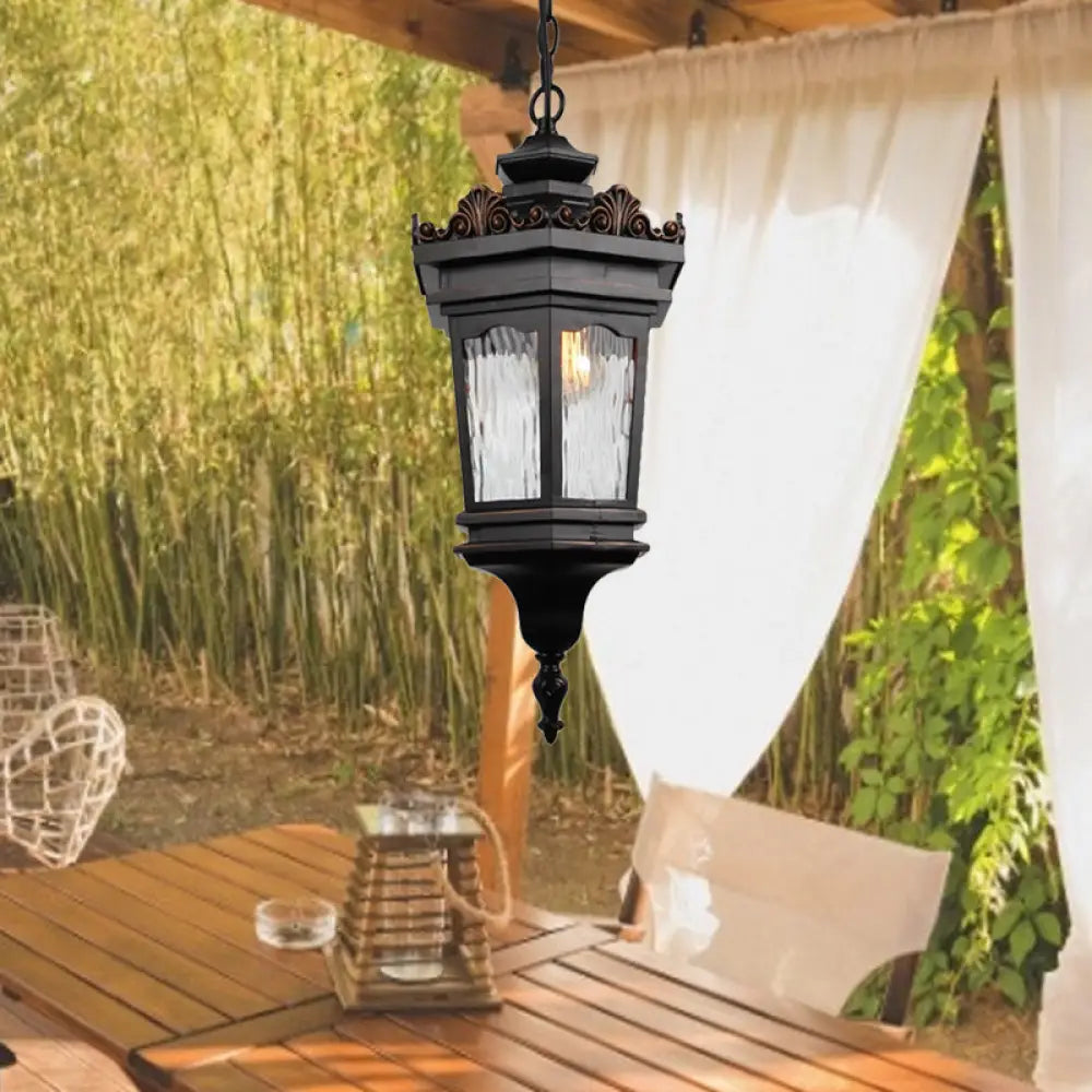 Classic Water Glass Lantern Pendant Ceiling Light In Black - 1 Head Down Lighting For Corridors