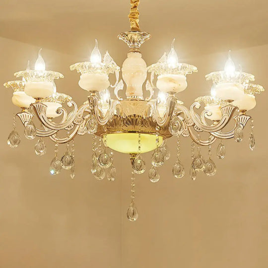 Classic White Faux Candle Chandelier For Living Room With Frosted Glass Pendant And Crystal Décor 10