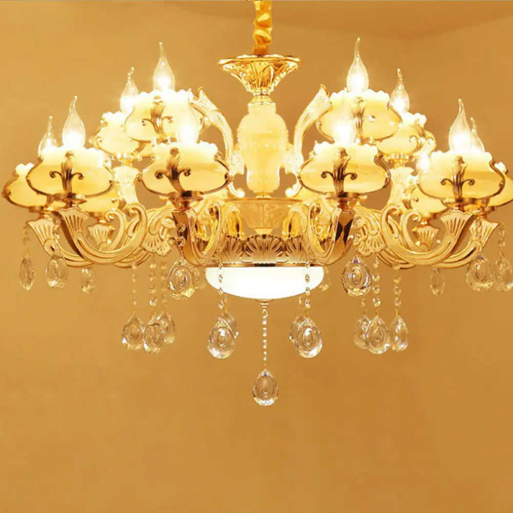 Classic White Faux Candle Chandelier For Living Room With Frosted Glass Pendant And Crystal Décor 15