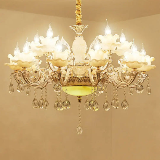 Classic White Faux Candle Chandelier For Living Room With Frosted Glass Pendant And Crystal Décor 18