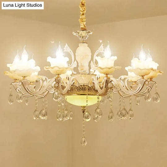 Classic White Faux Candle Chandelier For Living Room With Frosted Glass Pendant And Crystal Décor