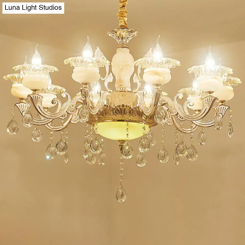 Classic White Faux Candle Chandelier For Living Room With Frosted Glass Pendant And Crystal Décor