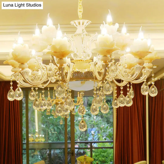 Classic White Faux Candle Chandelier For Living Room With Frosted Glass Pendant And Crystal Décor