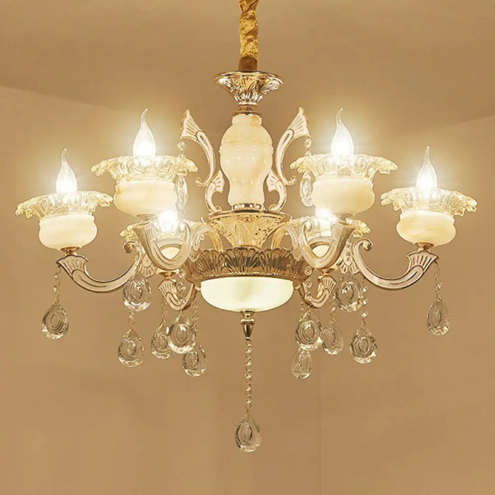 Classic White Faux Candle Chandelier For Living Room With Frosted Glass Pendant And Crystal Décor 6