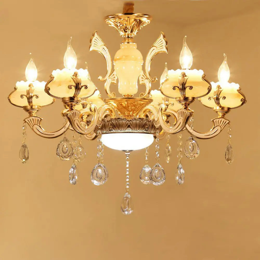 Classic White Faux Candle Chandelier For Living Room With Frosted Glass Pendant And Crystal Décor 6