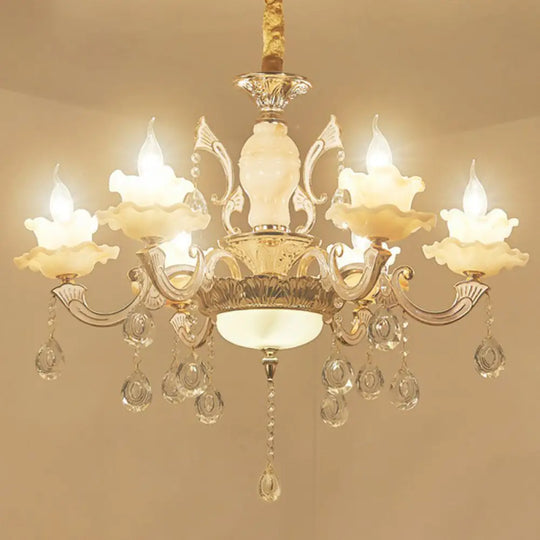 Classic White Faux Candle Chandelier For Living Room With Frosted Glass Pendant And Crystal Décor 6