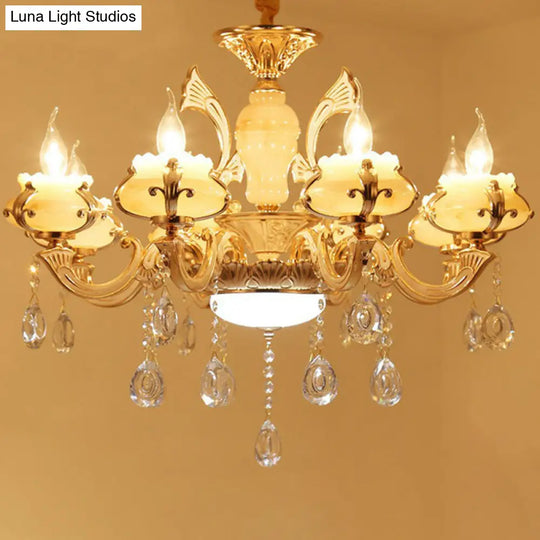 Classic White Faux Candle Chandelier For Living Room With Frosted Glass Pendant And Crystal Décor