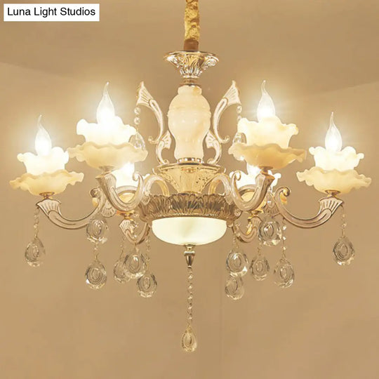 Classic White Faux Candle Chandelier For Living Room With Frosted Glass Pendant And Crystal Décor