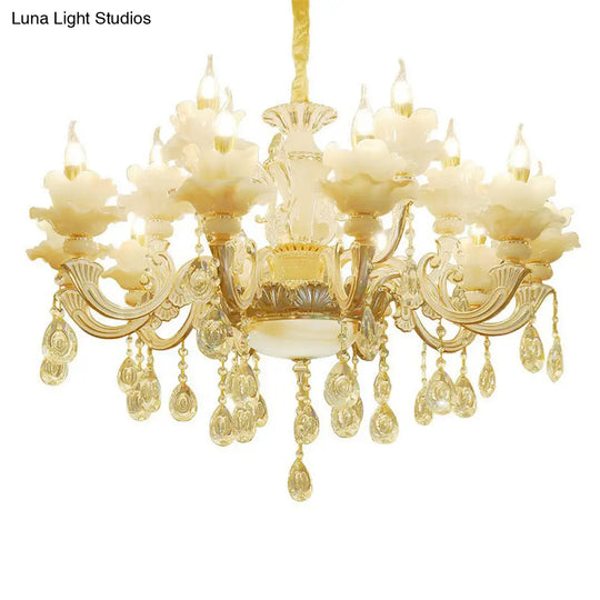 Classic White Faux Candle Chandelier For Living Room With Frosted Glass Pendant And Crystal Décor