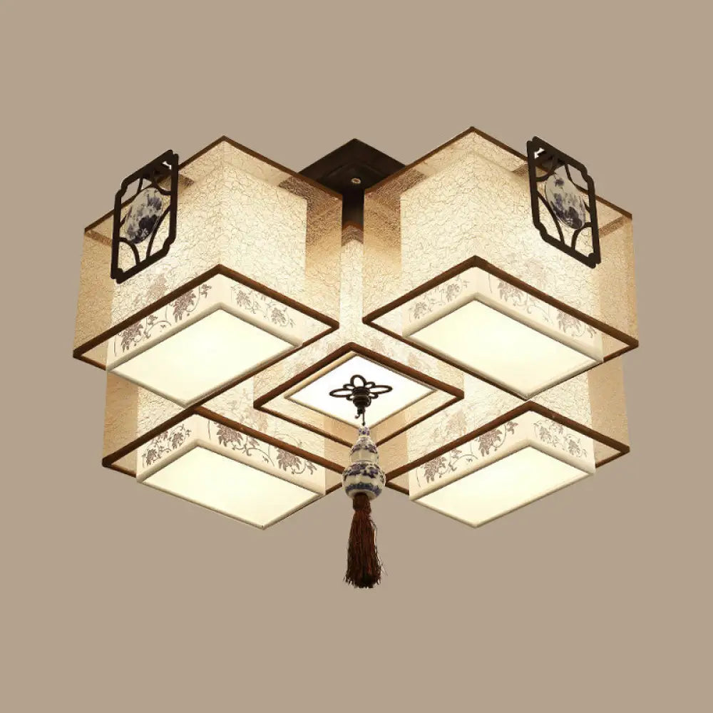 Classic White Flush Mount Ceiling Light - 5 - Light Fixture With Rectangle Fabric Shade