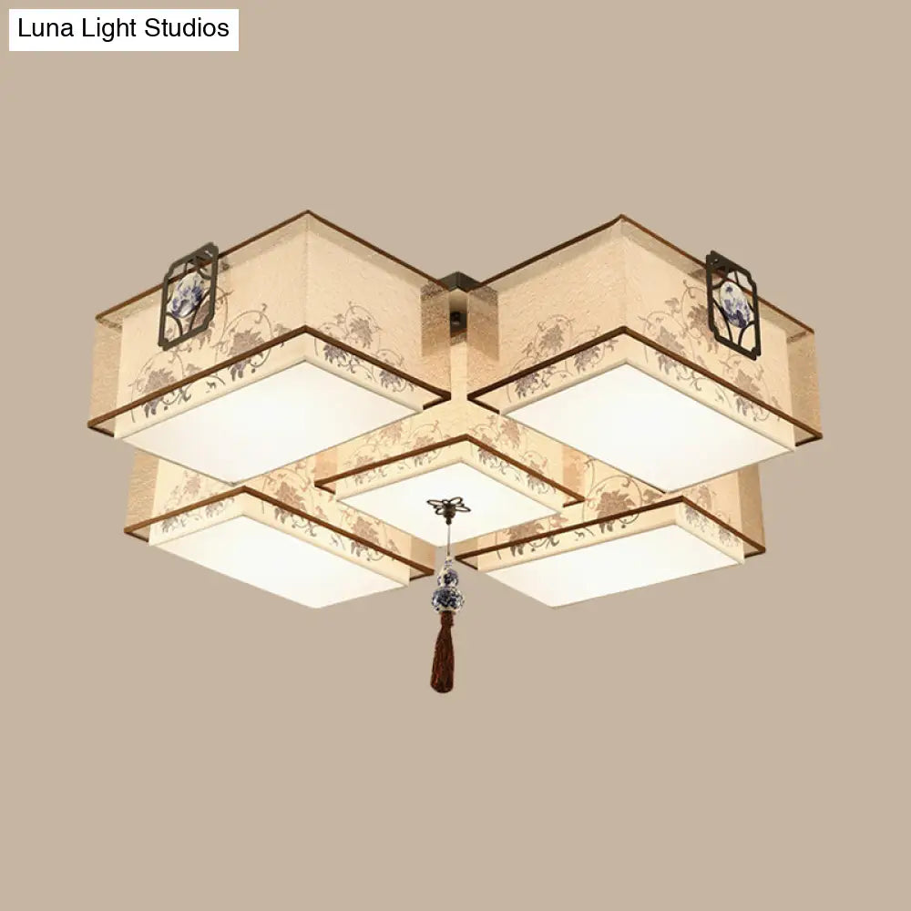 Classic White Flush Mount Ceiling Light - 5 - Light Fixture With Rectangle Fabric Shade