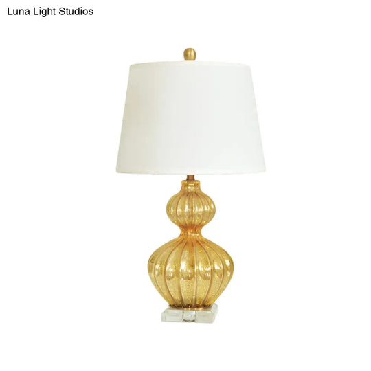 Classic White Tapered Drum Nightstand Lamp With Elegant Gold Gourd Base 1 Light