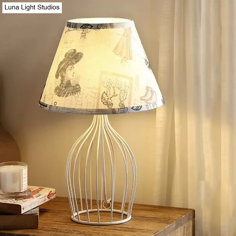 Classic White Tapered Nightstand Lamp - Traditional Fabric Shade Single Head Wire Cage Base For