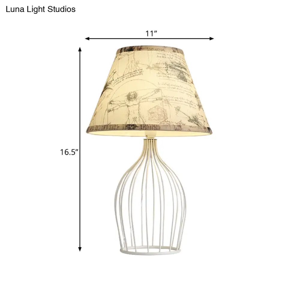 Classic White Tapered Nightstand Lamp - Traditional Fabric Shade Single Head Wire Cage Base For