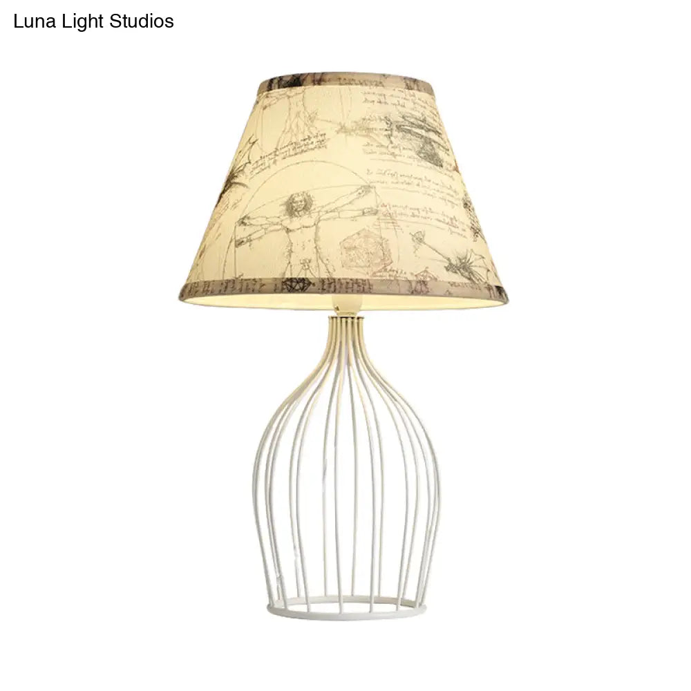 Classic White Tapered Nightstand Lamp - Traditional Fabric Shade Single Head Wire Cage Base For