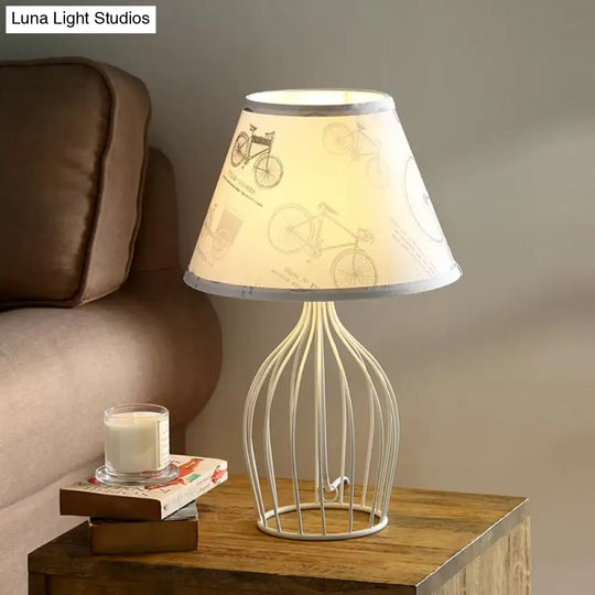 Classic White Tapered Nightstand Lamp - Traditional Fabric Shade Single Head Wire Cage Base For