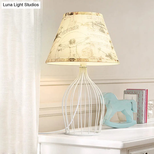 Classic White Tapered Nightstand Lamp - Traditional Fabric Shade Single Head Wire Cage Base For