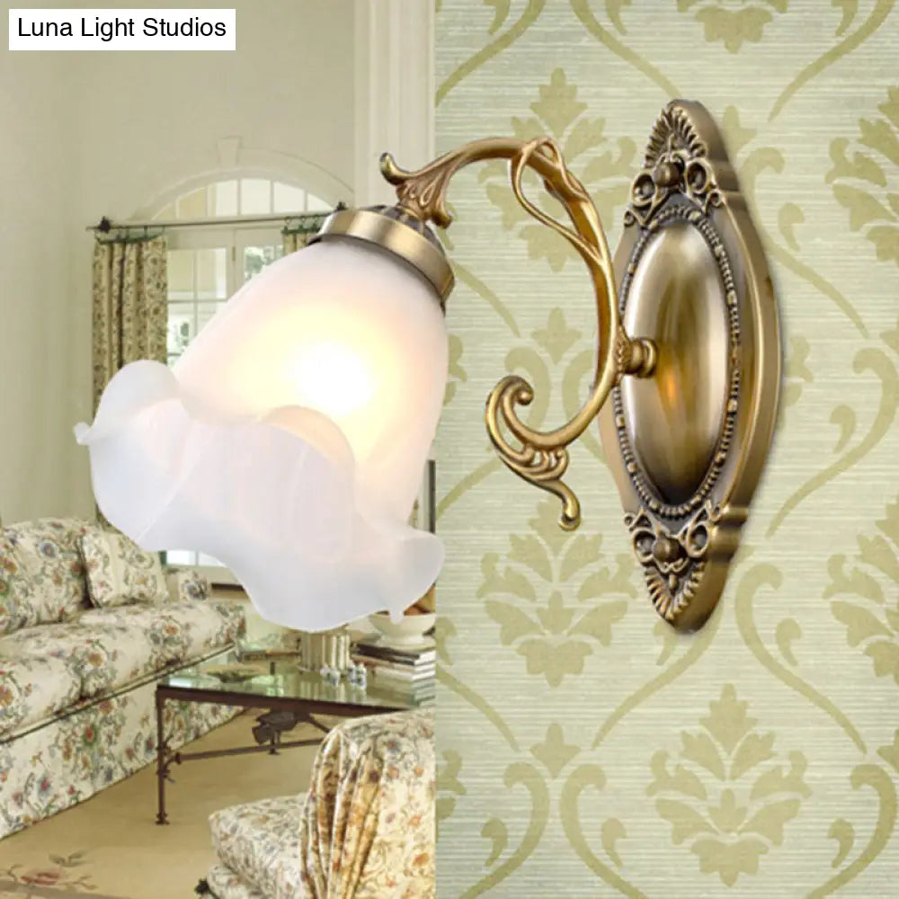 Classic White Wall Light With Single-Bulb & Frosted Glass Flower Shade