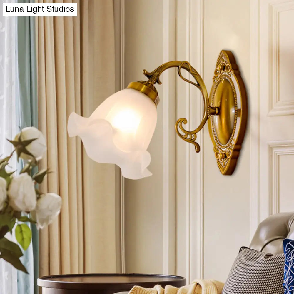 Classic White Wall Light With Single-Bulb & Frosted Glass Flower Shade