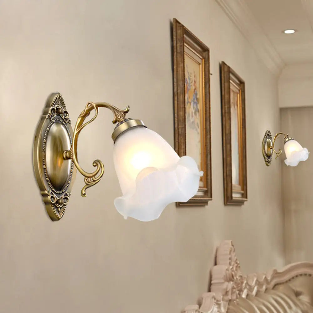 Classic White Wall Light With Single-Bulb & Frosted Glass Flower Shade / A