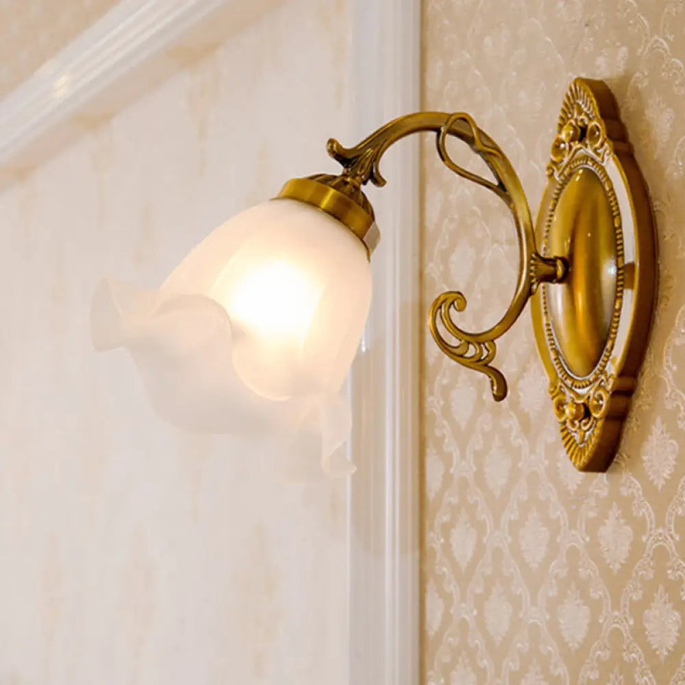 Classic White Wall Light With Single-Bulb & Frosted Glass Flower Shade / B