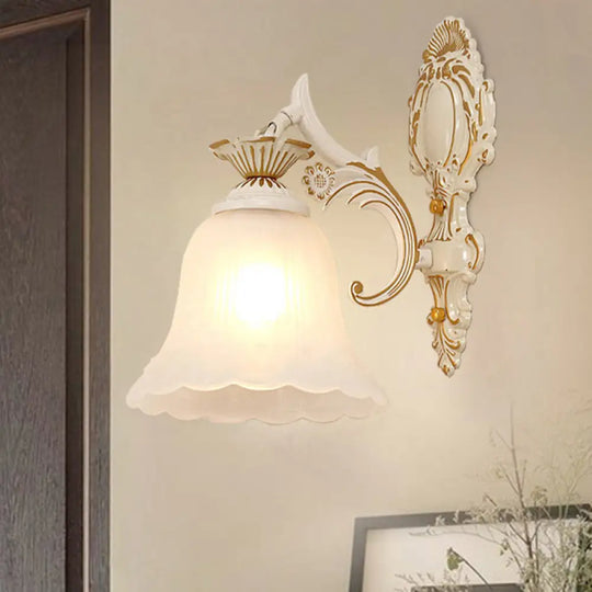 Classic White Wall Light With Single-Bulb & Frosted Glass Flower Shade / D