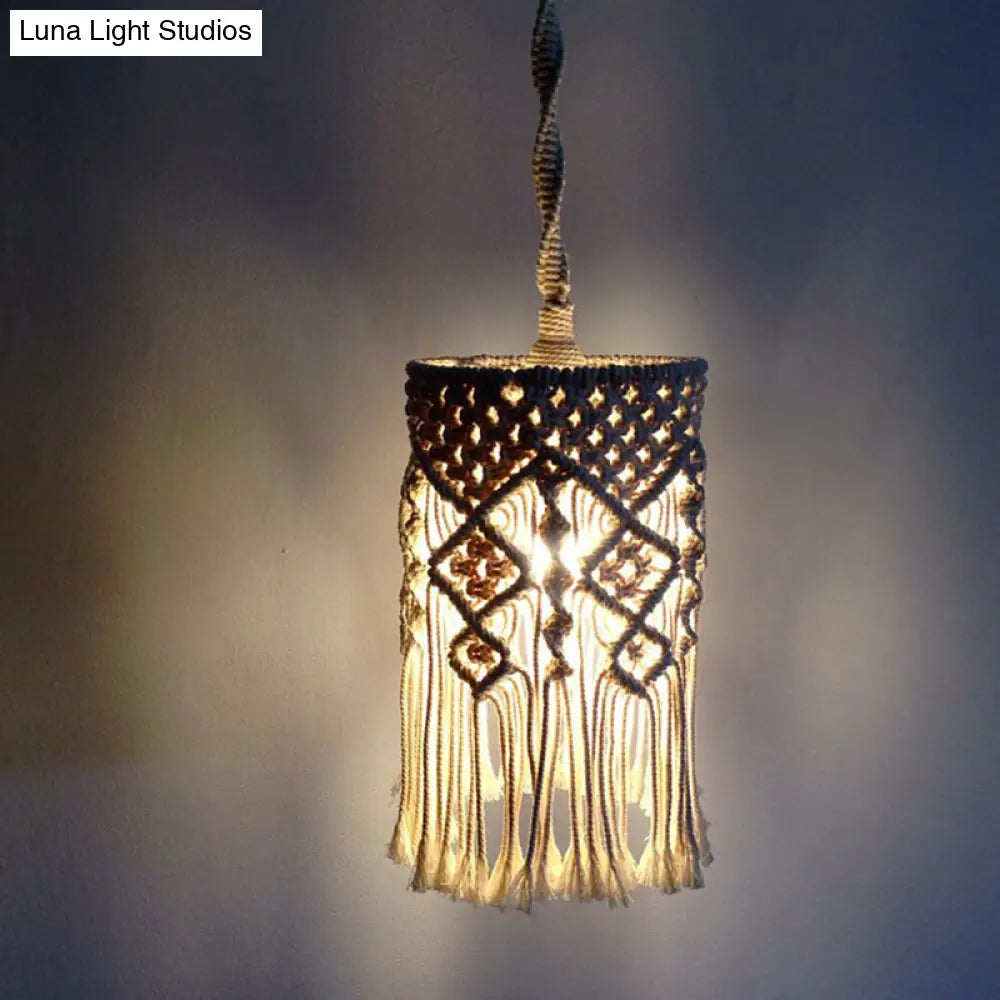 Classic White Woven Fringe Pendant Light With Hemp Rope - Perfect For Living Room Ceiling