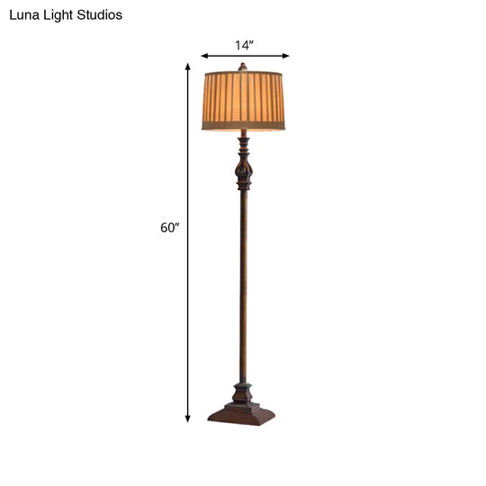 Classic Wood Standing Floor Lamp With Plated Fabric Shade - Dark Coffee Drum Design