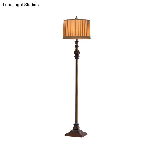 Classic Wood Standing Floor Lamp With Plated Fabric Shade - Dark Coffee Drum Design