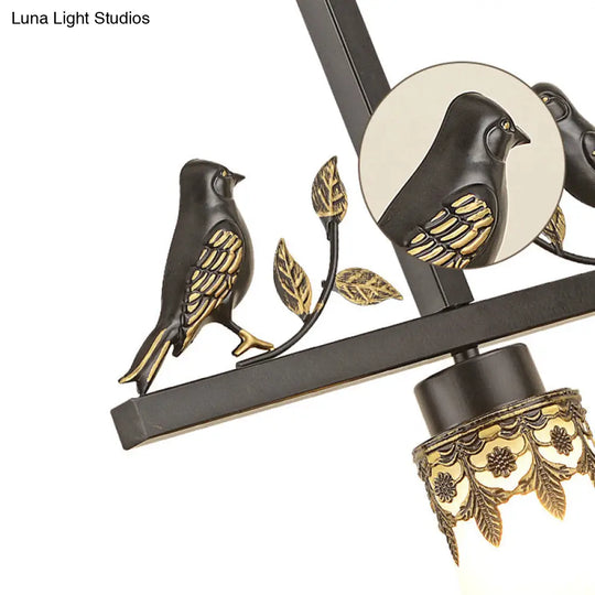 Classical Frosted Glass Pendant Light With Bird Element For Living Room - Black Conical Design