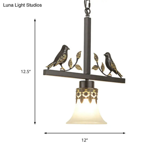 Classical Frosted Glass Pendant Light With Bird Element For Living Room - Black Conical Design