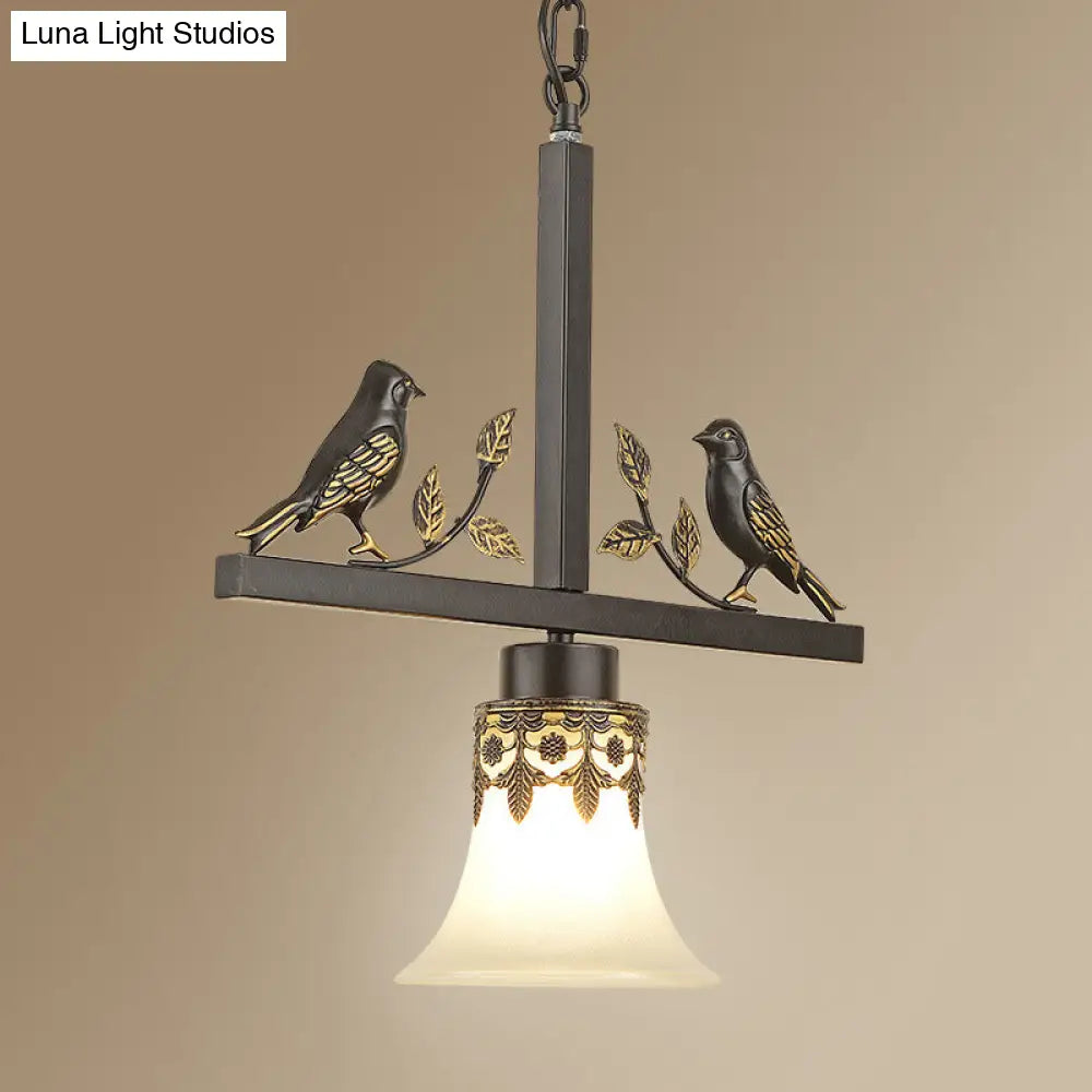 Classical Frosted Glass Pendant Light With Bird Element For Living Room - Black Conical Design