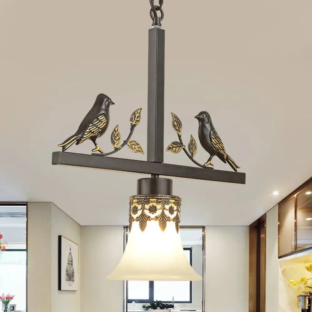 Classical Frosted Glass Pendant Light With Bird Element For Living Room - Black Conical Design