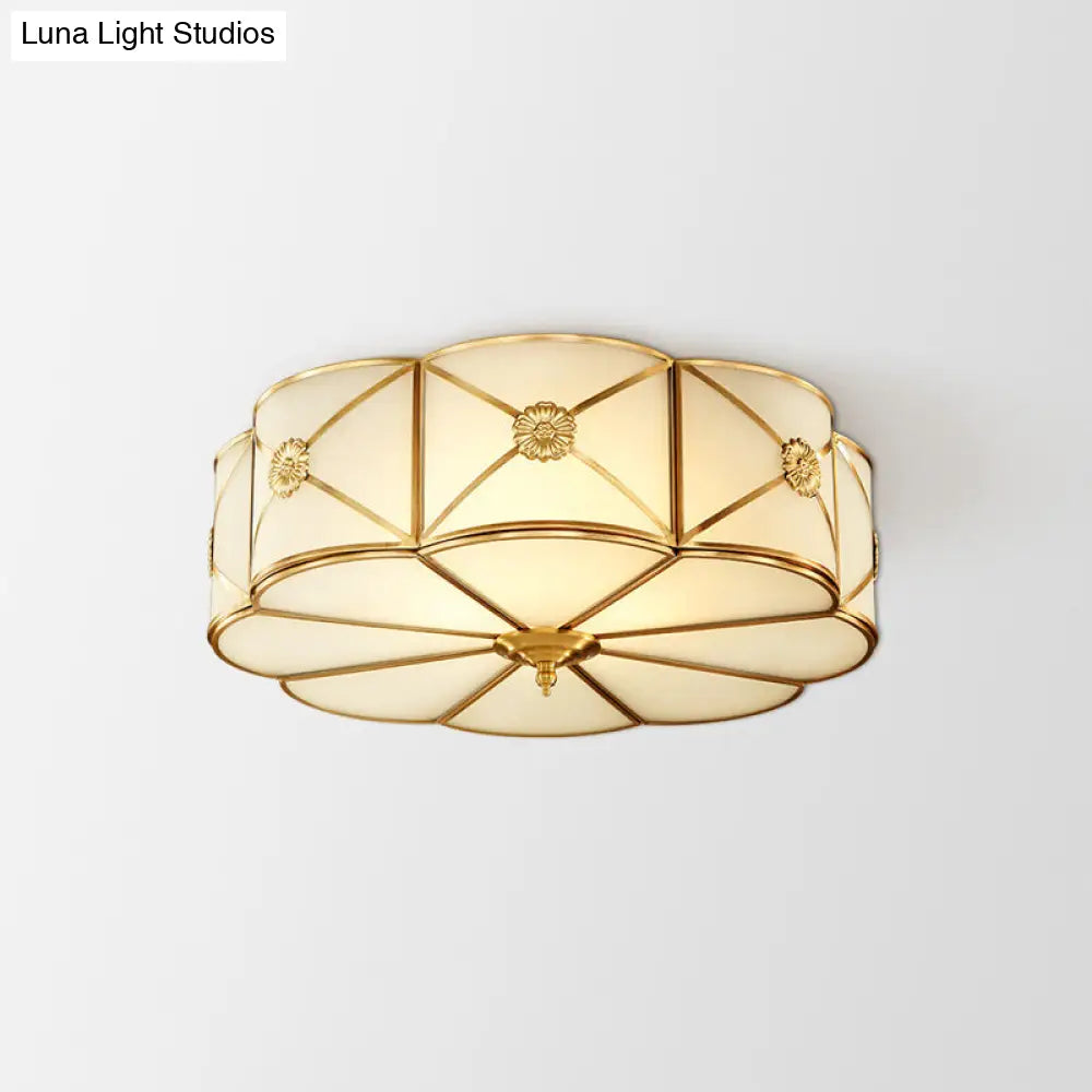 Classically Styled Scalloped Edge Living Room Flush Mount Light With Frost Glass & Gold Accent