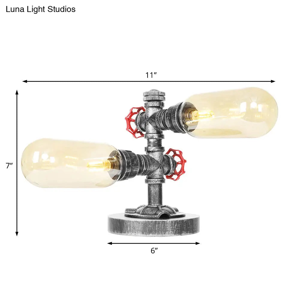 Clear/Amber Glass Antique Silver 2-Light Industrial Desk Lamp With Capsule Shade - Perfect For