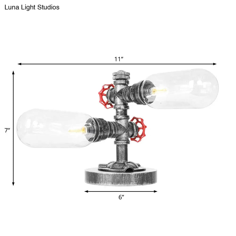 Clear/Amber Glass Antique Silver 2-Light Industrial Desk Lamp With Capsule Shade - Perfect For