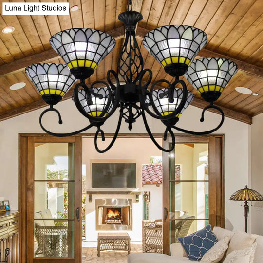 Tiffany Retro Loft Chandelier - Bell Shade 6 Lights Clear Glass Hanging Light For Living Room