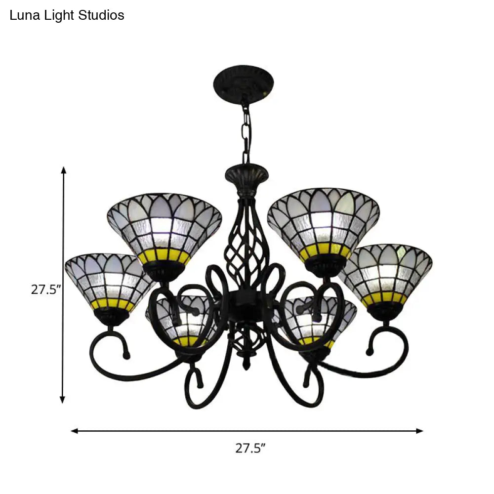 Tiffany Retro Loft Chandelier - Bell Shade 6 Lights Clear Glass Hanging Light For Living Room