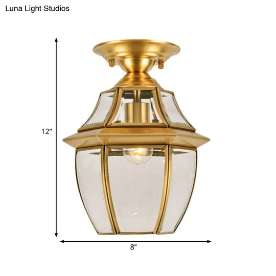 Clear Bevel Glass Lantern Bedroom Flush Mount Light - Colonial 1-Bulb Brass Ceiling Lamp