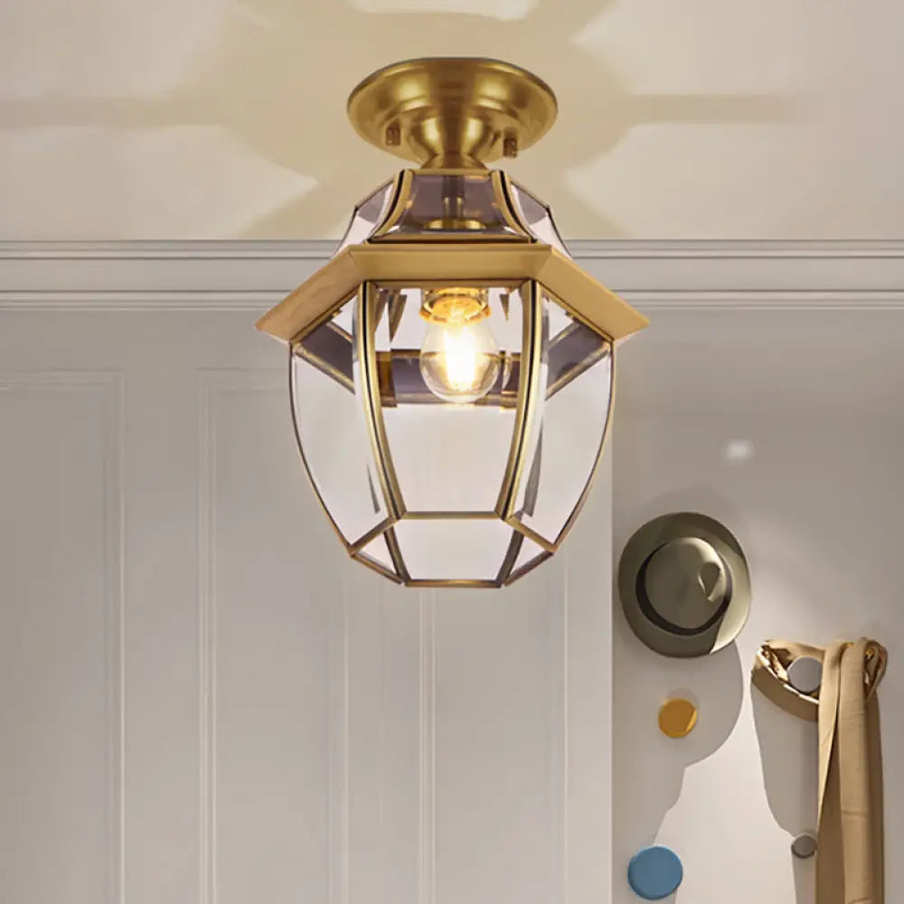 Clear Bevel Glass Lantern Bedroom Flush Mount Light - Colonial 1-Bulb Brass Ceiling Lamp