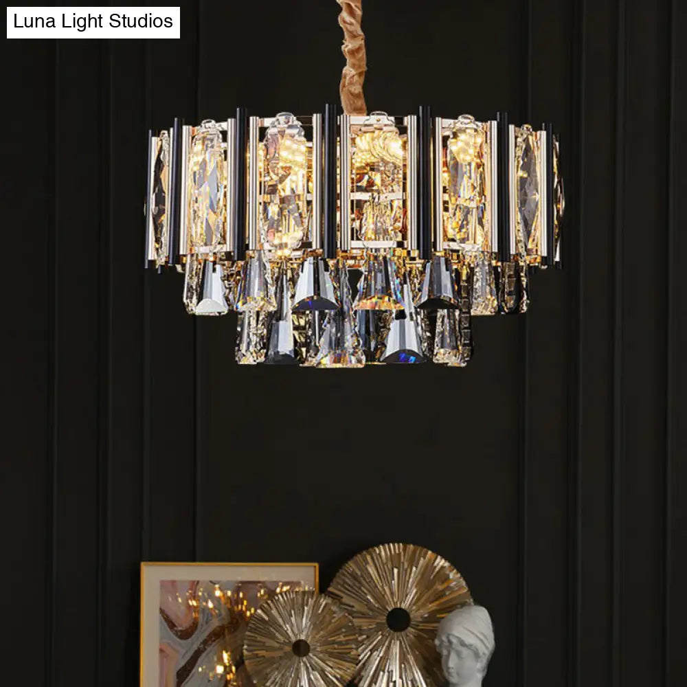 Clear Beveled Crystal Modern Layered Chandelier - Elegant Suspension Lighting For Living Rooms