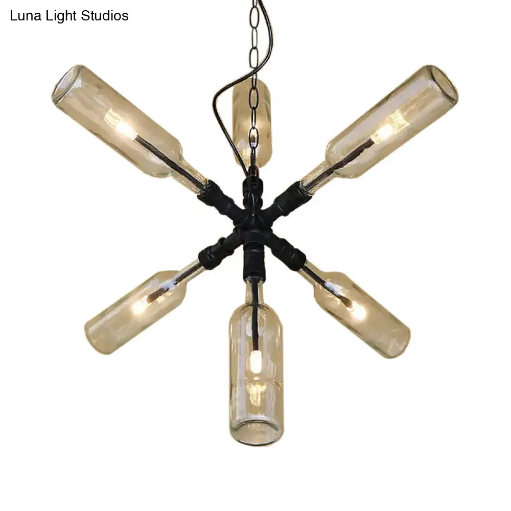 Clear/Blue Glass Pendant Light With Industrial Style Design - Pipe Fixture In Black/Aged Brass 2/4/6